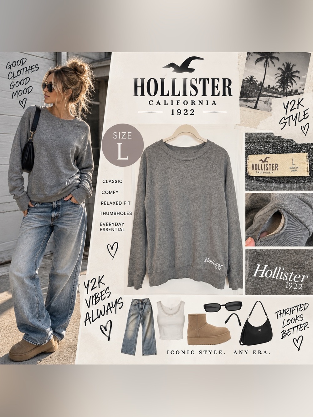 Hollister Y2K Style Gray Crewneck Sweatshirt Thumbholes Size L